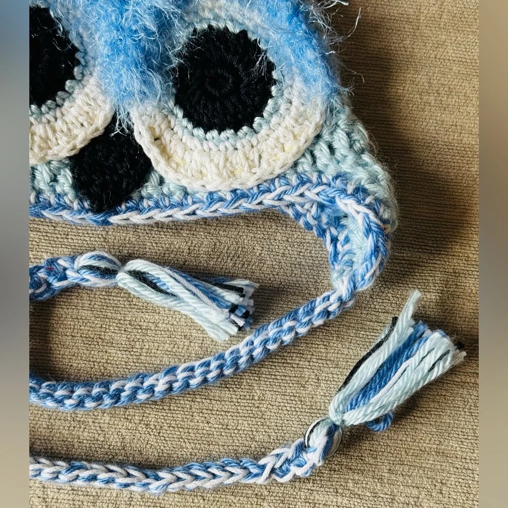Handmade Crochet Owl Baby Hat 3–6 Months Blue Tassel Earflap